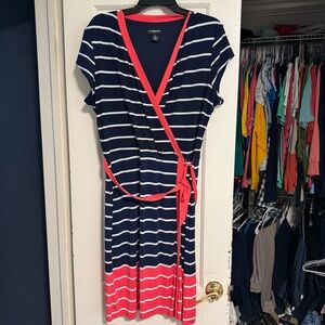 Liz Claiborne Navy and Coral Wrap Midi Dress with V-Neck, size XL